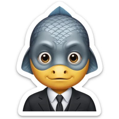 A fish man dressed in a black suit. Its face is grey fish sticker