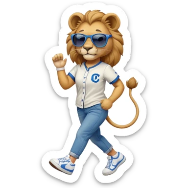 friendly anthropomorphised female lion wearing a baseball shirt, jeans, trainers, dark sunglasses, walking upright with a confident stride sticker