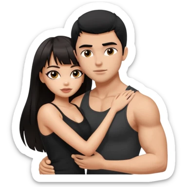 generate a pretty bratz girl in black cami top, dark brown straight long hair with bangs, eyeliner on, 

hugging a handsome muscular boy with black hair and a grey tshirt sticker