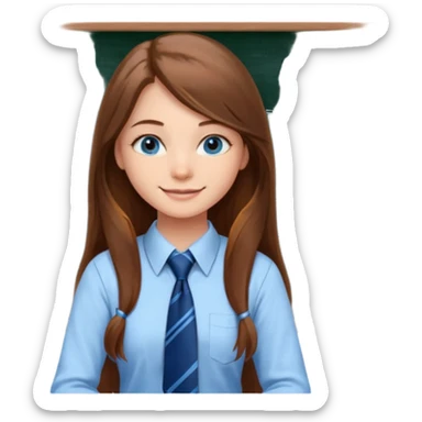 high school class room with a pretty female high school student with long brown hair, blue eyes, wearing a tie, sitting in front of the blackboard sticker