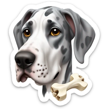 Gray and white harlequin Great Dane with bone sticker