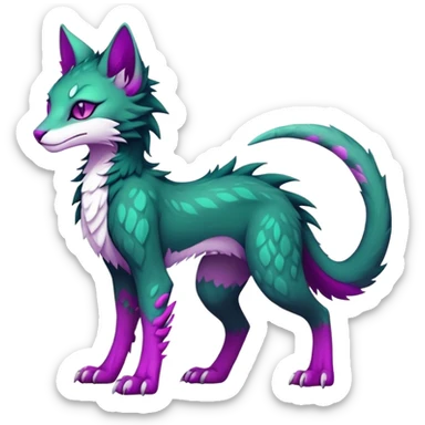 Kawaii dark edgy gloomy dark green ethereal feline-vernid-sergal-fursona animal creature with a tufted tail full body with intricate markings with magenta eyes sticker