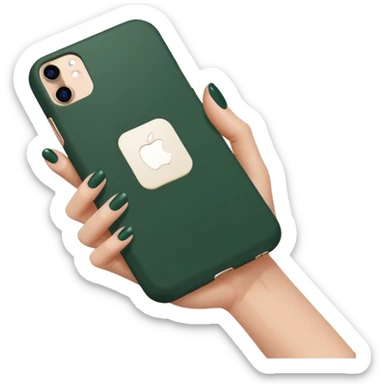 female hand with nude manicure (5 fingers) holding an iPhone in a dark green case, minimalist sticker