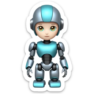 Cute futuristic chibi humanoid robot with large rounded head, add text on chest "LMX", glossy black and grey metal body, glowing cyan and amber eyes, visible joints, confident pose, white background, high-detail 3D render,  sticker