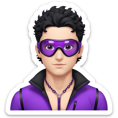 male athlete with white skin and moderately curly black hair on top with shaved sides, wearing ski goggles with purple frames and very dark black lenses, a simple plain black chain necklace, and a completely unzipped/wide open shiny purple vest fully revealing his chest and abs, no earrings sticker