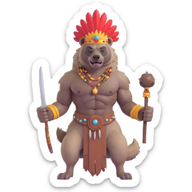 A native strong buff hyena with war bonnet flexing posing full body holding a chopped off human head by the hair  sticker