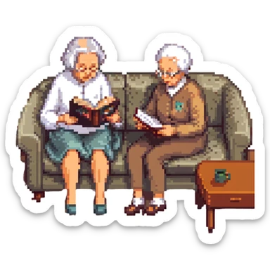 An elderly man combing the hair of an elderly woman sitting on a sofa reading a book sticker