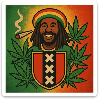 Create a digital illustration of a Rasta man with a friendly expression, wearing a red, gold, and green tam (Rastafarian hat), with dark brown skin and dreadlocks. Place him inside a bold, stylized Amsterdam coat of arms flag. The flag should have red, black, and gold tones with three white Xs in a vertical black stripe in the center. Surround the coat of arms with vibrant green cannabis leaves, a smoking spliff with rising smoke on the left side, and a textured reggae-colored background blending green, gold, and red. The style should be vintage, bold, and clean — like a high-quality reggae poster with modern emoji art flair. sticker