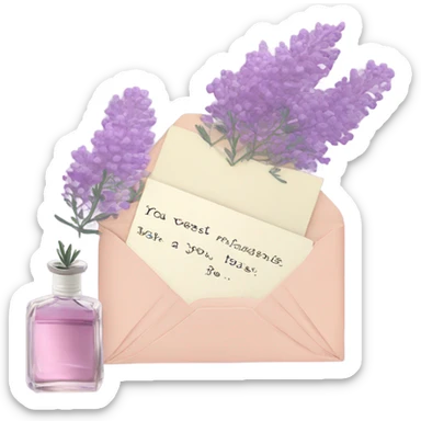 Aesthetic still life of soft violet mimosa flowers, a vintage-style pink perfume bottle, and a lavender love note delicately placed in an envelope.
 sticker