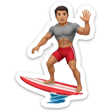 50 year old, muscular, dark haired, tan, red shorts man riding a big wave sticker