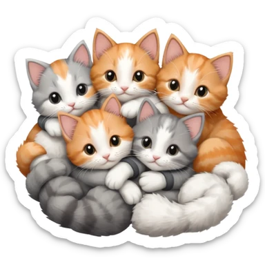 6 tiny kittens cuddling together all various different natural colours including solid grey with white mittens, grey and white, ginger and white, calico and brown and white sticker