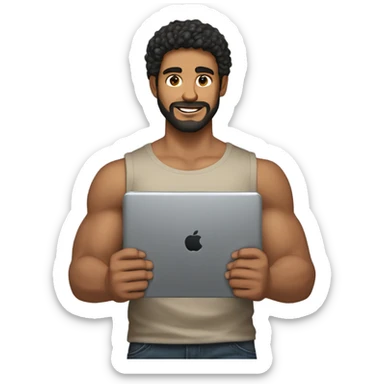 men holding his computer in hands. light brown skin men with curly black hair, dark brown eyes, little grown beard. ust a tiny bit muscular. dressed casual. round face. sticker