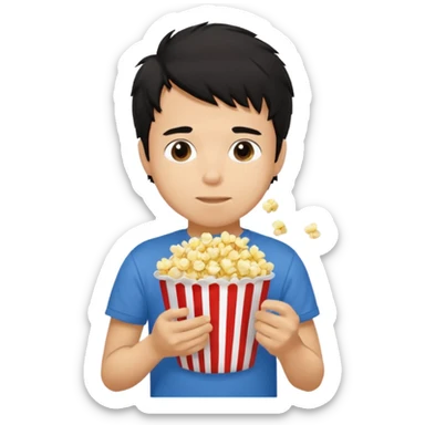 generate a pretty tan bratz boy with a blue tshirt on. eating popcorn. messy black hair sticker