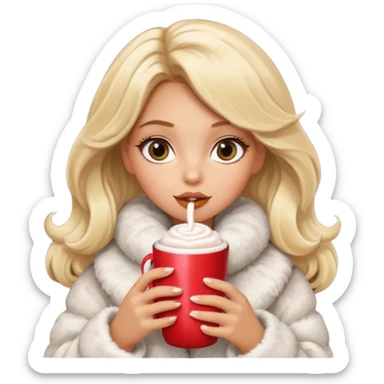 Tanned Girl with lashes , blonde hair, in an extremely big fluffy oversized coat and hold hot chocolate drink and big eyes, big lip sticker