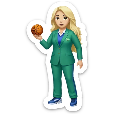 Full Body white plus size female basketball head coach with whistlewith long blonde hair in a blue and green suit sticker