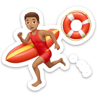 lifeguard in red swimsuit running with rescue float sticker