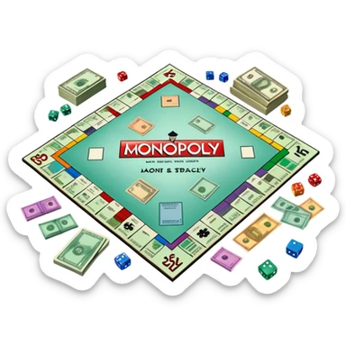 A photorealistic icon featuring a Monopoly board with property spaces, colorful game tokens, dice, and stacks of money. The design includes detailed textures of the board, cards, and tokens, capturing the essence of the Monopoly game. Transparent background, symbolizing Monopoly and board games. sticker