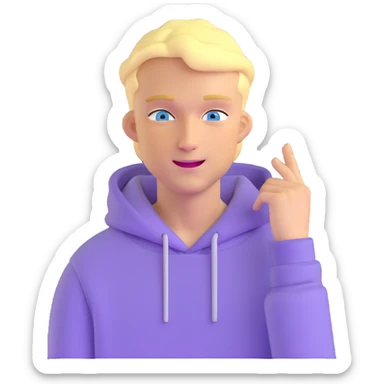 blonde man with blue eyes, lilac hoodie, winking sticker