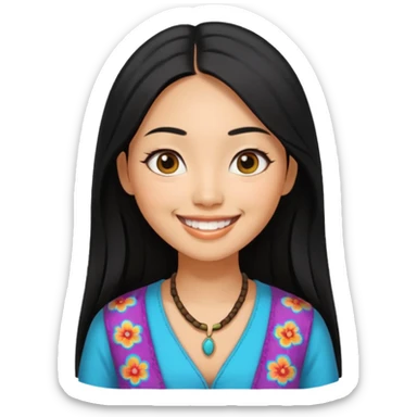 30 yr old asian woman hair trendy clothes center part big eyes big smile tanned skin straight black hair hippie part hair  sticker