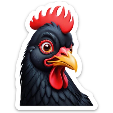 Cinematic Comical Black Rooster Portrait Emoji, Head tilted dramatically with an exaggeratedly shocked or amused expression, featuring a striking pure black plumage with a bold red comb, wide, expressive eyes filled with playful disbelief, Simplified yet hilariously expressive features, highly detailed, glowing with a slightly sassy glow, high shine, dramatic yet playful, stylized with an air of cheeky mischief, bright and endearing, soft glowing outline, capturing the essence of a spirited and over-the-top rooster, so meme-worthy it feels like it could crow its way into internet fame instantly! sticker