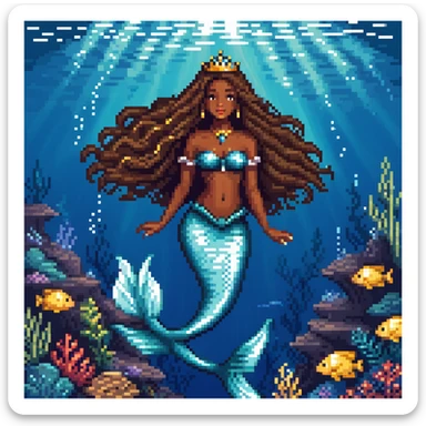 Dark brown skin mermaid princess with long flowing hair and royal accessories in deep blue ocean sticker