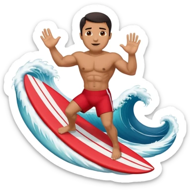 50 year old, muscular, dark haired, tan, red shorts man riding a big wave sticker