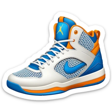 Cinematic Realistic image of a pair of basketball sneakers featuring detailed mesh and leather textures, vibrant color accents and dynamic design lines, illuminated by bold, high-energy arena lighting sticker