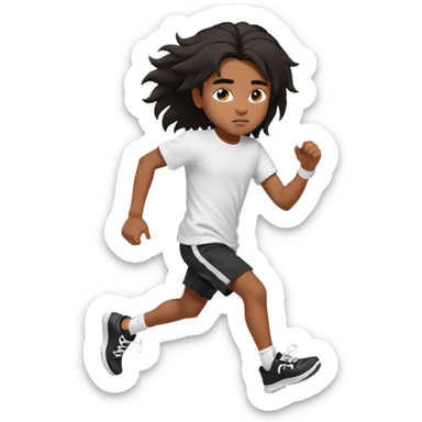 generate a pretty bratz brown skinned boy with black messy long hair wearing a white tshirt and black running shorts. running on the street with white sneakers sticker