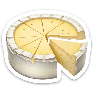 camembert cheese small round wheel, white bloomy rind, creamy pale yellow interior, one wedge removed showing soft oozing center, smooth rich texture, wrinkled rind, no board or extras, soft lighting, subtle shadows, emoji scale sticker