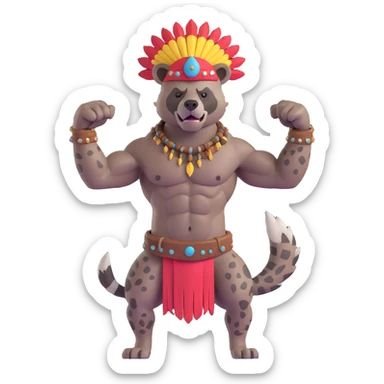 A native strong buff hyena with war bonnet flexing posing full body  sticker