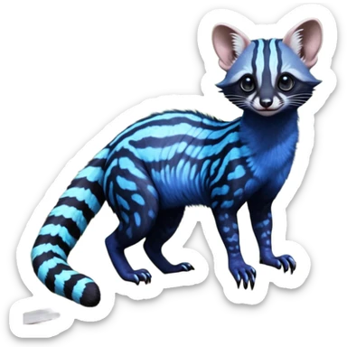 Feral Rare Fantasy iridescent scaly evil spooky vibrant dark shady shaded detailed deep-dark-cobalt-blue-gradients-colored colorful Genet-Trico-Civet-Cacomistle-Margay-species by LiLaiRa, with dark-blackish points, white belly, random markings, tufted tail, tufted ears, full body sticker