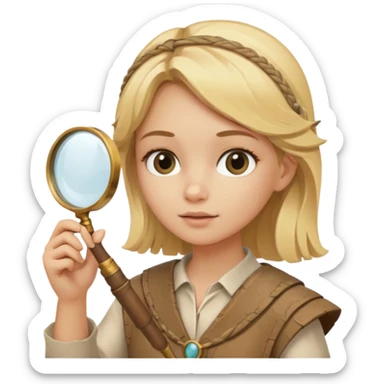 blonde haired girl in archaeological outfit, holding magnifying glass sticker
