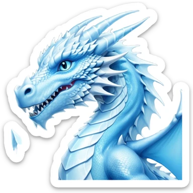 Cinematic Noble wise elegant Ice Dragon Portrait Emoji, Poised and imposing, distinct long elegant snout, with a slender, scaled body shimmering in glacial hues of icy blue, frostbitten silver, and crystalline white, breathing out frost, with piercing, glowing ice blue white eyes that radiate the chilling depths of an arctic storm; rendered in detail. excuding wisdom sticker