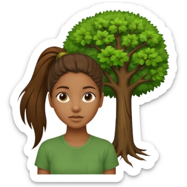 Make a zumba coach emoji, brown eyes, brown hair girl, green shirt withe "the roots" on it, longer pony tail hair, add the tree logo for the roots remove tree from background sticker