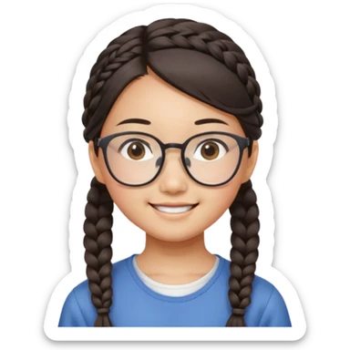 14-year-old Asian girl, side braid, square glasses, head tilted, smiling widely sticker