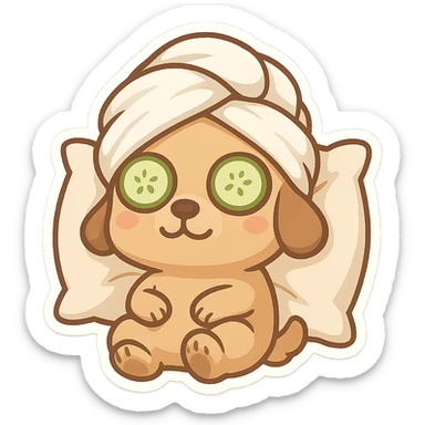 Relaxed dog with cucumber slices on eyes, towel wrapped on head and pillow sticker