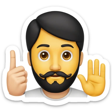 rounded yellow emoji face, black beard, side-facing mouth, one eyebrow raised, hand making a 'no' gesture sticker