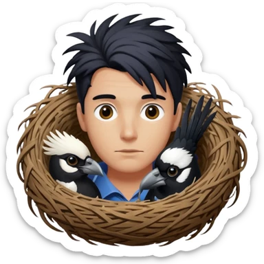 A man who has hair on the top of his head, that is actually an Australian Magpie, birds nest. sticker