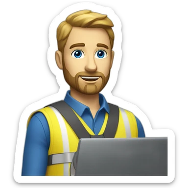 Ikea manager blue eyes beard with laptop and yellow security vest sticker