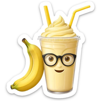 banana milkshake in a take-out cup with glassess and long lashes and banana on top sticker