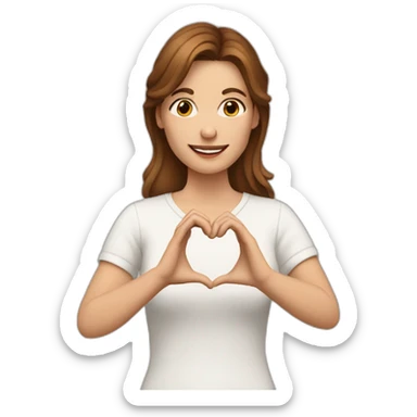 A white woman with brown hair, and making a heart symbol with her hands sticker