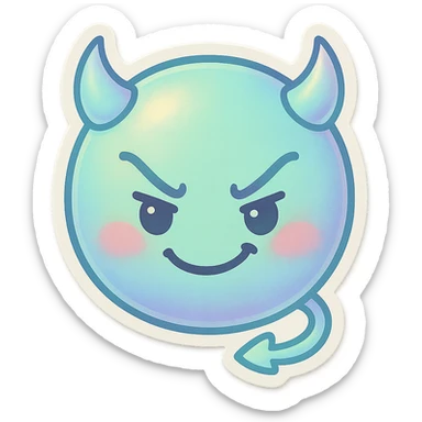 devil emoji, chibi style, holographic effect, iridescent mint green and baby blue, tiny horns, cute but mischievous expression sticker