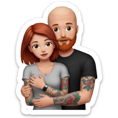 Make a brown haired, pretty girl, hugging a guy that is bald with a red beard and a sleeve of tattoos in jail sticker