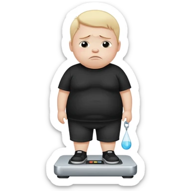 sad fat young boy in black t shirt on weight scale crying with tears on his cheeks sticker