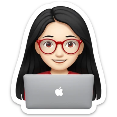 filipino long hair black fair skin with red eyeglasses freelancer with MacBook, smiling. sticker