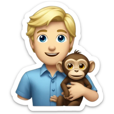 Blonde guy with blue eyes with formal shirt cuddling a monkey sticker