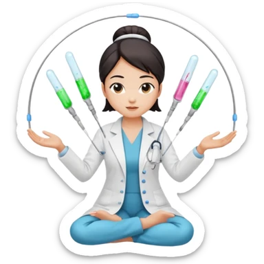 emoji of an asian woman with a single bun in a white lab coat sitting cross legged with micropipettes levitating in an arc around her head, the tips should be pointing away from her and she should not be wearing a steth escope sticker
