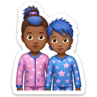 4 year old brown spikey haired boy with blue pajamas with stars on them and a 1 year old brown haired pony tail girl with pink pajamas, and stars on them sticker