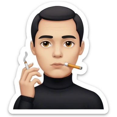 A mysterious man in a black turtleneck, cigarette smoke curling around his face, one eyebrow slightly raised. sticker