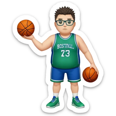 Full Body overweight white male with dark short spike hair basketball player wearing glasses wearing blue green uniform sticker